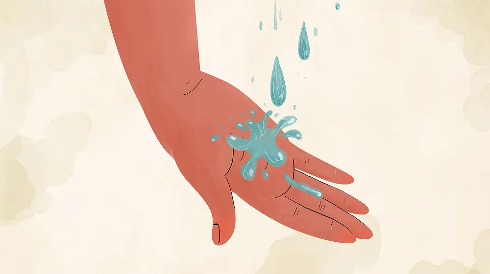 Illustration of water splashing onto an open hand with drops falling from above on a light background.