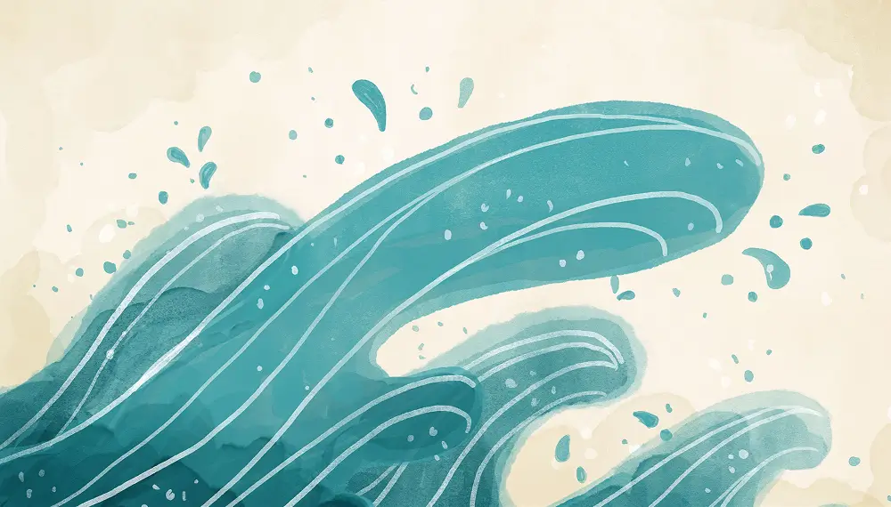Illustration of blue ocean waves crashing with white foam and splashes on a light beige background.