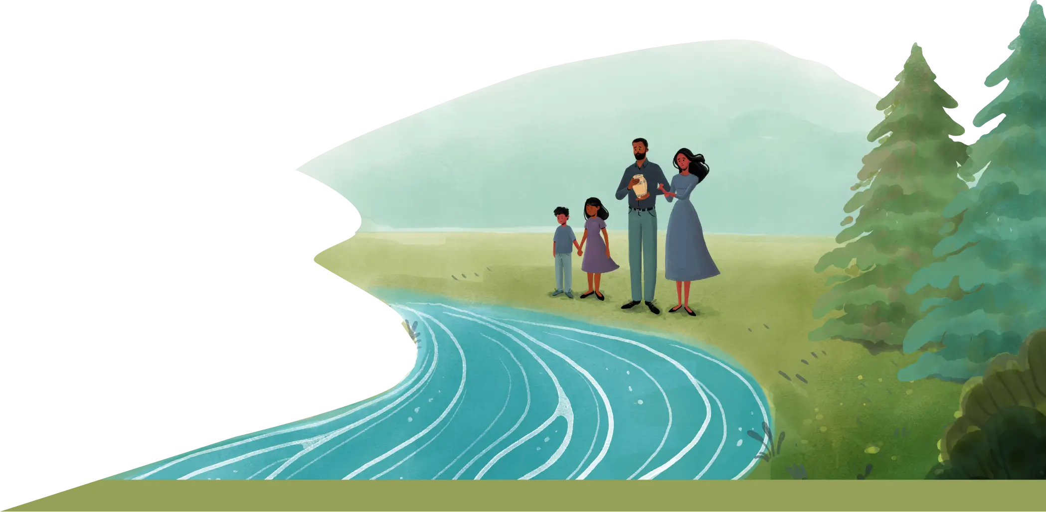 An illustrated family of five stands by a flowing river near trees on a grassy landscape.