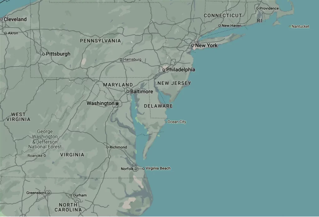 Map of the northeastern United States showing major cities and states like New York, Pennsylvania, and Virginia.