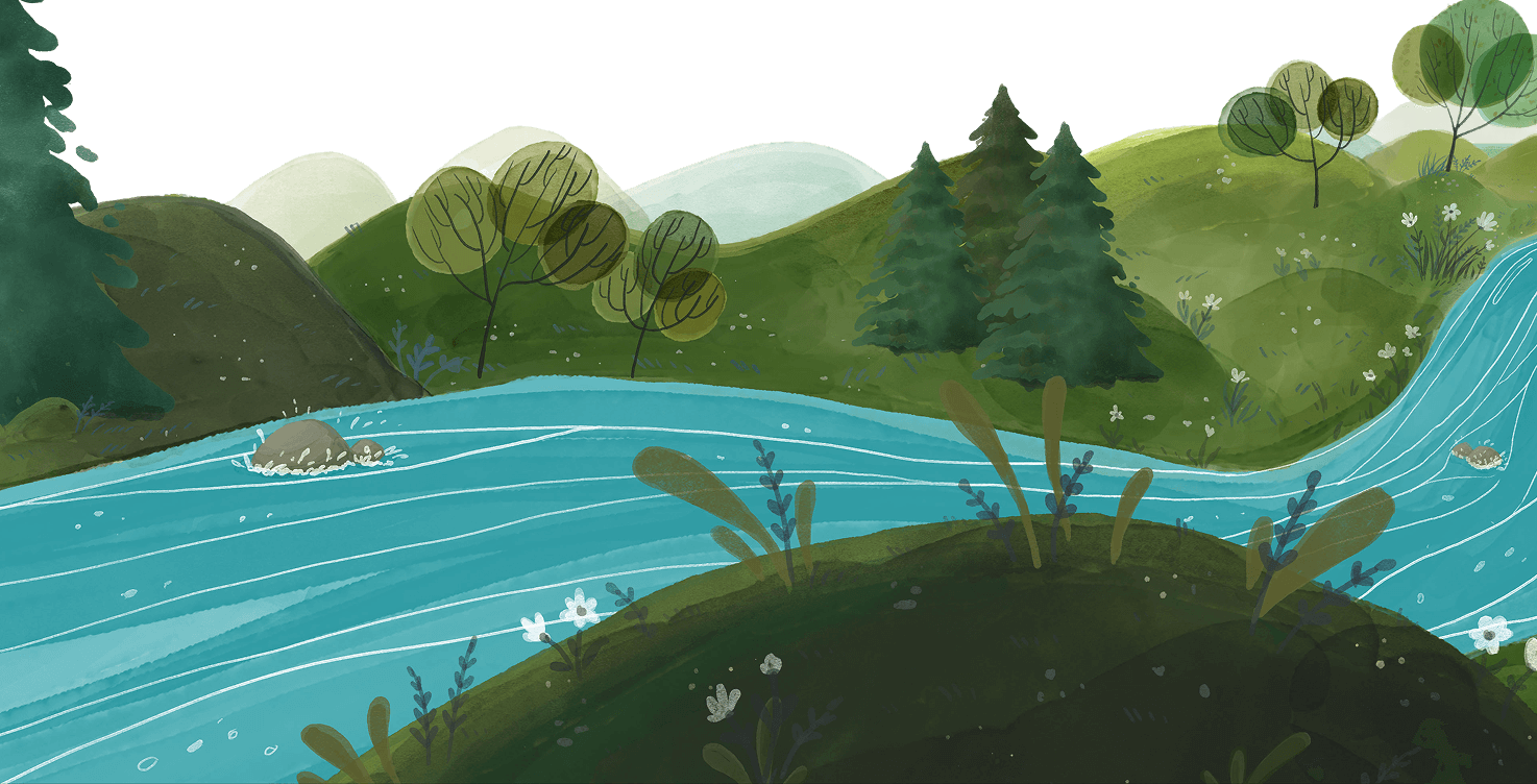 Illustration of a flowing blue river winding through green hills with trees, plants, and flowers.
