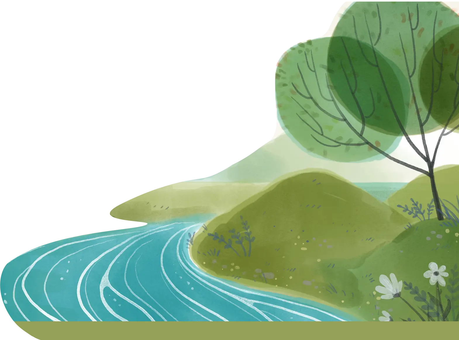 Illustration of a river flowing by green hills, trees, and flowers under a clear sky.