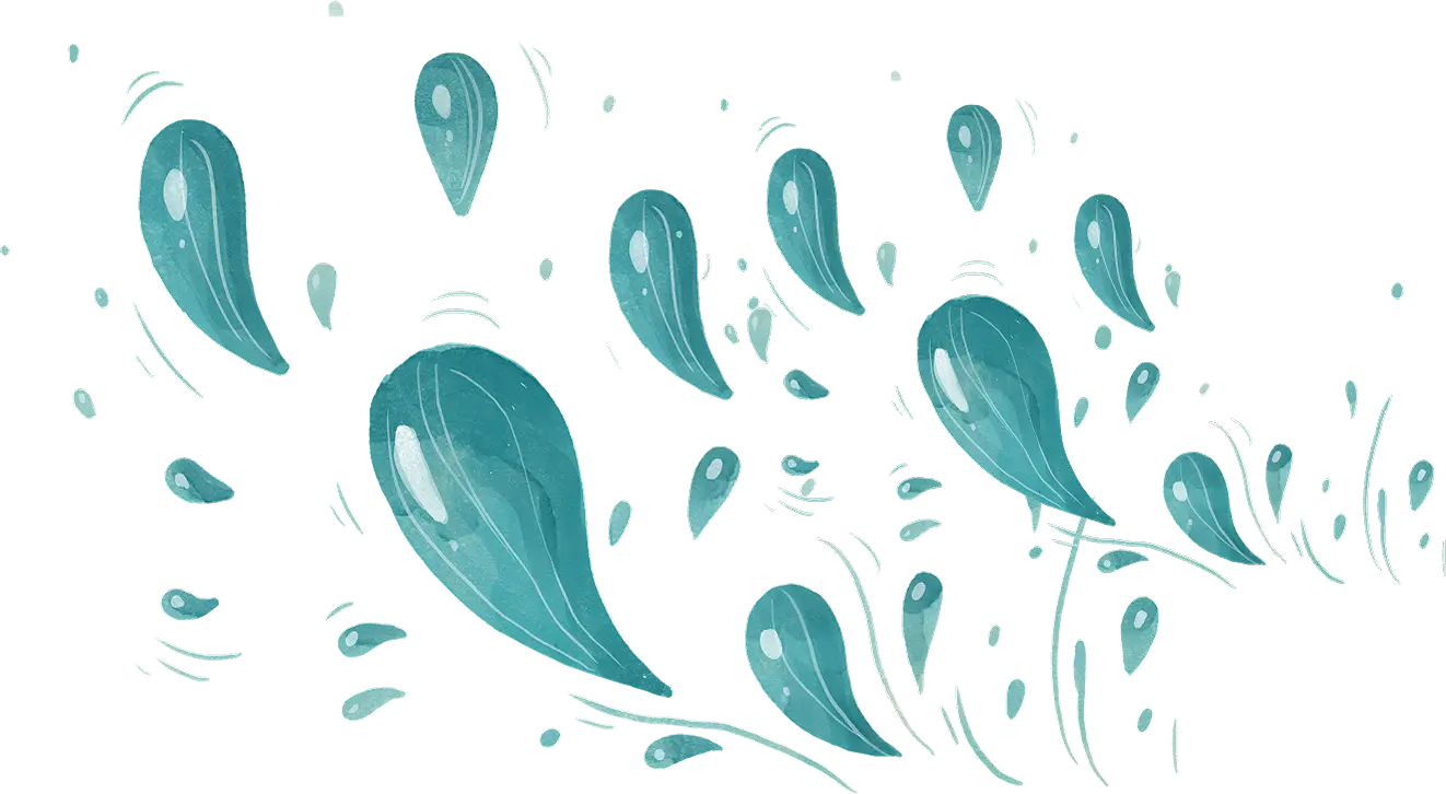 Blue water droplets of various sizes and shapes, illustrated with light reflections, on a transparent background.
