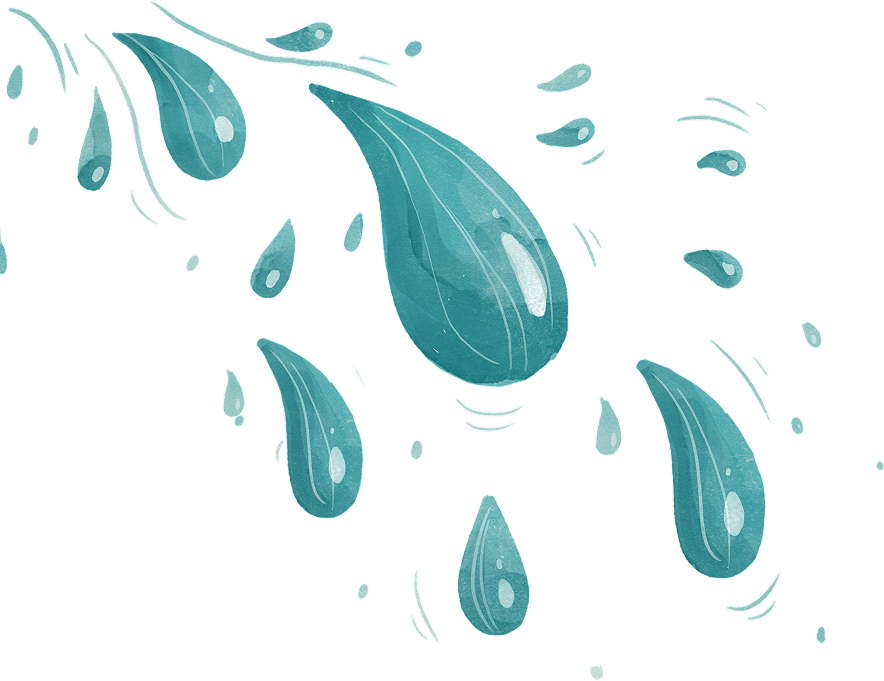 Blue illustrated water droplets of various sizes falling and splashing against a transparent background.